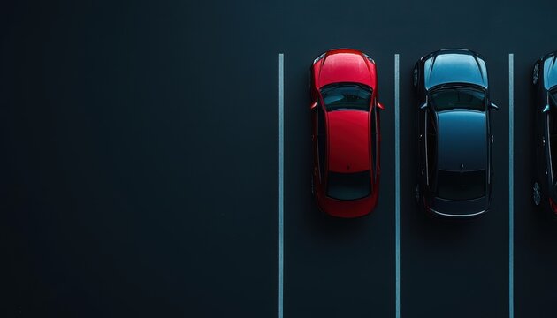 Aerial view of parked cars in a parking lot with a red car standing out against dark asphalt.