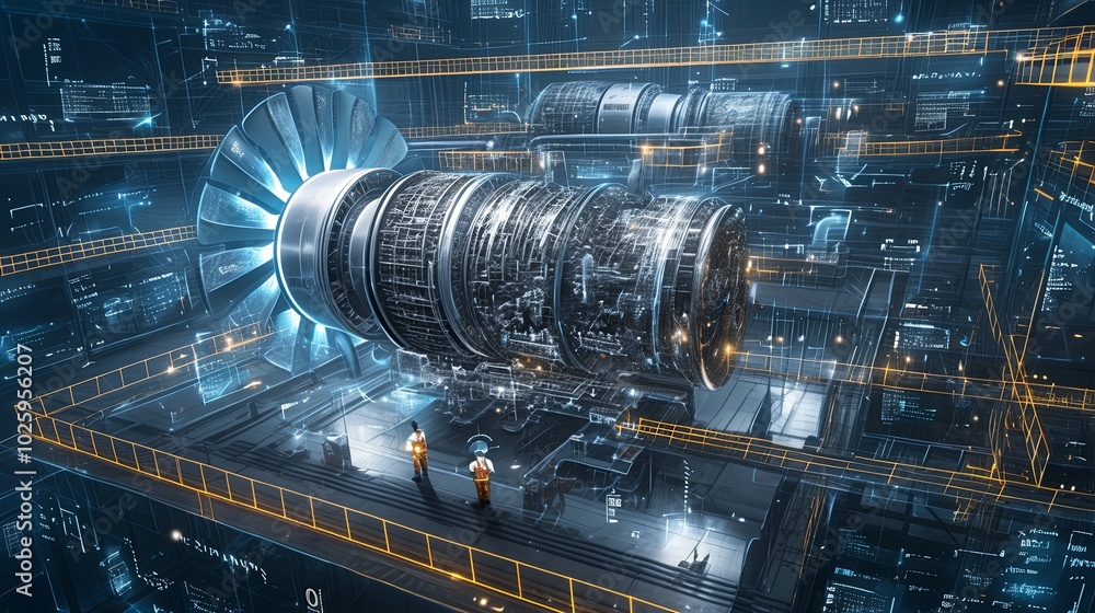 Poster an inventive depiction of a futuristic engine with intricate digital components and schematics, symb