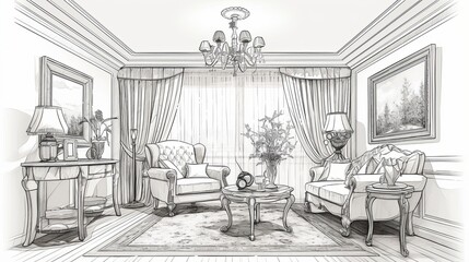 Detailed sketch of a classic living room featuring draped curtains, vintage armchairs, and a central table, exuding timeless elegance and sophistication.