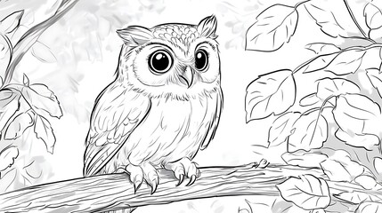 Fototapeta premium A realistic owl perched on a low branch with big round eyes, surrounded by simple leaf patterns, bold lines, low details, no shading, child-friendly design,