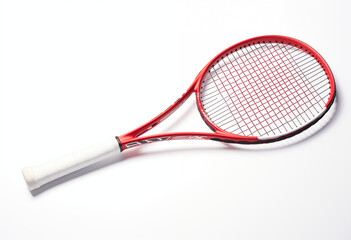 A bright red tennis racket with white grip placed on a clean, neutral background