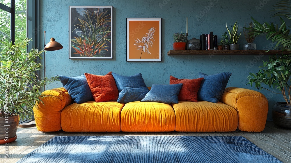 Wall mural a cozy living room features an inviting orange couch adorned with vibrant cushions, two framed artwo