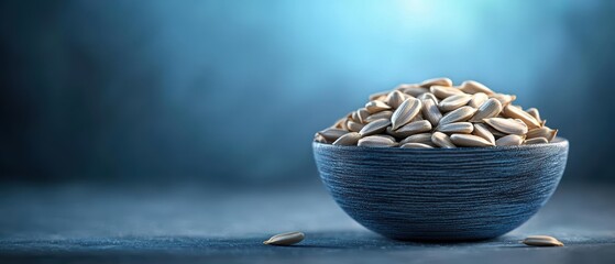 Bowl of sunflower seeds on a dark surface with a blurred blue background.