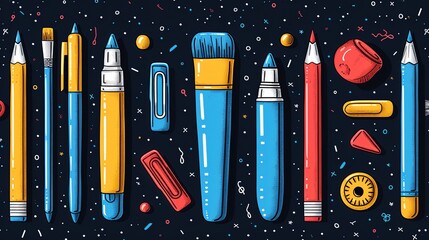 Various art tools, supplies, equipment. Mannequins hand, easel, canvas, scissors, ink, brush kit, pencil, paint palettes, oil tube, watercolor paint. Hand drawn Vector illustration. Isolated elements