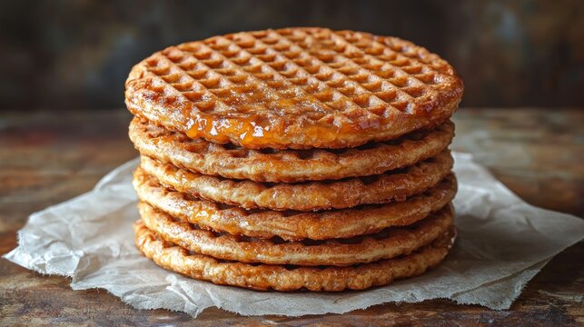 A neatly stacked pile of six caramel waffles sits invitingly atop a rustic wooden surface, showcasing their warm, golden-brown texture and gooey richness.