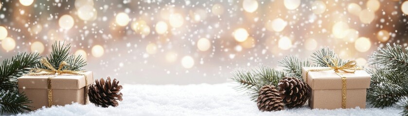 Festive background with gifts, pine cones, and blurred lights.