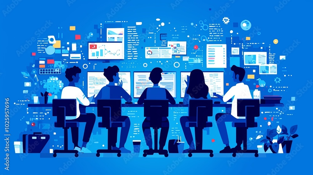 Poster a diverse team of professionals engages in collaborative work within a tech-driven office filled wit