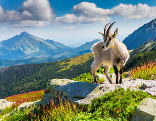Fototapeta premium Young goat standing on rocky terrain with mountains in the background during a sunny day