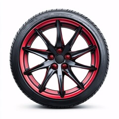 Obraz premium A stylish black and red custom alloy wheel isolated on a white background, showcasing its unique design and modern aesthetics.