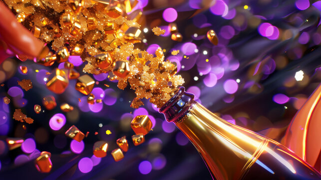 Vibrant celebration scene featuring a champagne bottle amidst a dynamic burst of golden glitter. set against a background of colorful lights, the composition exudes luxury