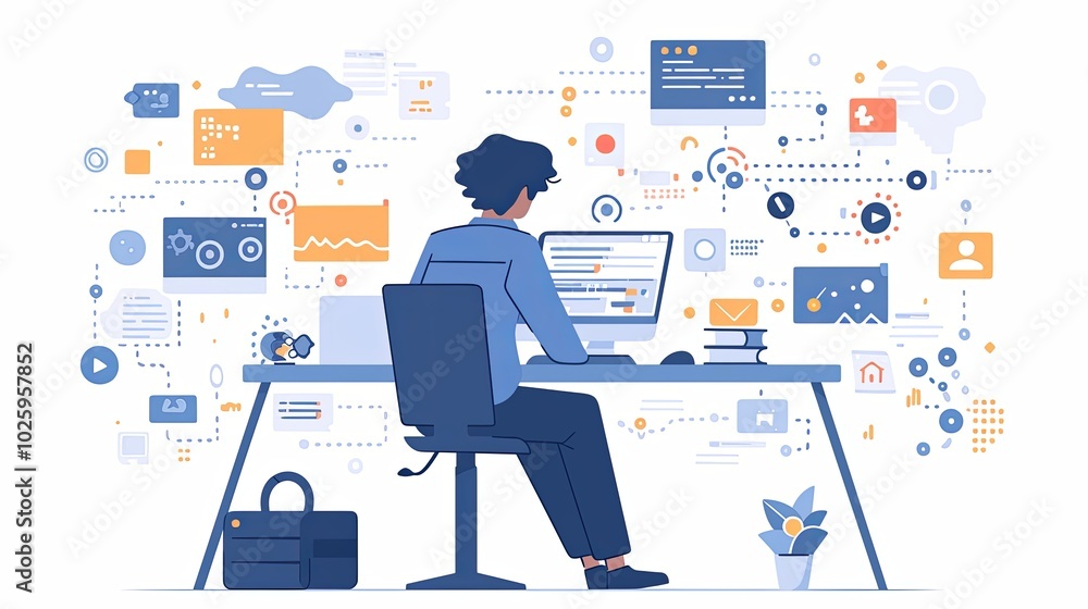 Poster a person is engaged with digital tasks on a computer, surrounded by various digital interfaces, symb