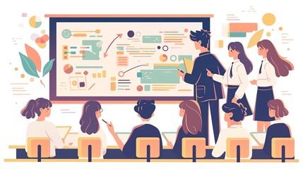 An educational scene where a teacher is providing instructions to students in a classroom environment, illustrating engagement and focused learning moments.