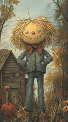 Whimsical Scarecrow by Cabin, a charming scarecrow with straw hair and button eyes, nestled in a forest setting, perfect for a children's book cover.