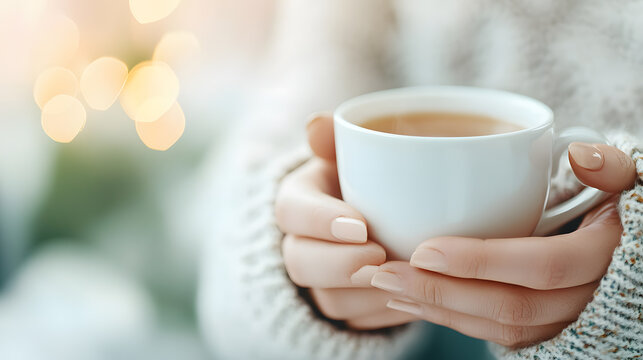 Close-up of hands holding a warm cup of herbal tea