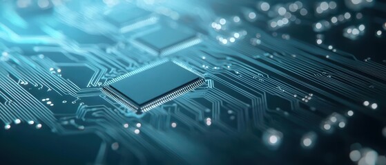 Close-up of a microchip with intricate circuitry details against a glowing digital background.