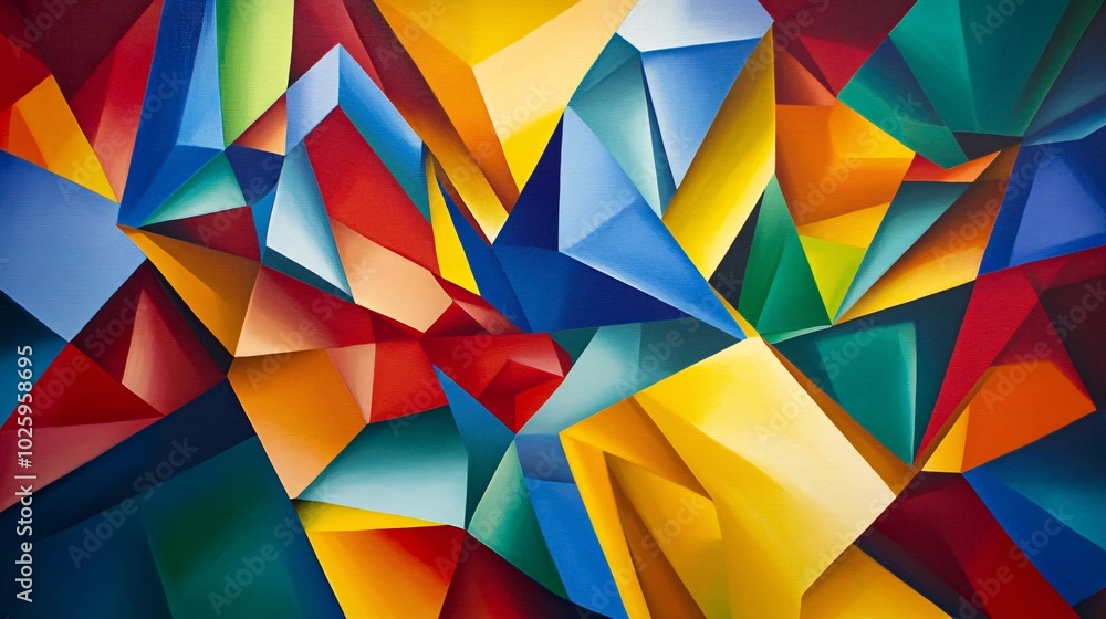 Poster vibrant abstract geometric composition characterized by sharp angles and bold colors, creating a dyn