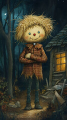 Fototapeta premium Whimsical Scarecrow by Cozy Cabin, a playful scarecrow with straw hair and button eyes, nestled in a serene forest setting, enchanting children’s book cover