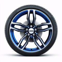 Obraz premium Stylish alloy wheel with a sleek design and blue accents, isolated on a white background, perfect for automotive themes or design projects.