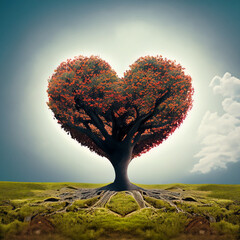 A heart-shaped tree stands in a vibrant landscape under a clear sky during sunset