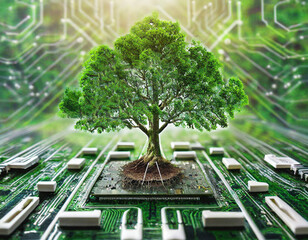 A lush tree growing from a computer chip on a circuit board with vibrant green light surrounding it