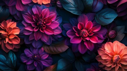 Obraz premium A stunning arrangement of vibrant flowers in shades of pink, purple, and orange, beautifully contrasting against lush green leaves.