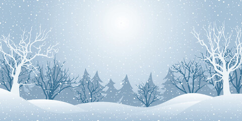 Winter landscape, snowdrifts and forest, snowfall and sunshine, vector illustration