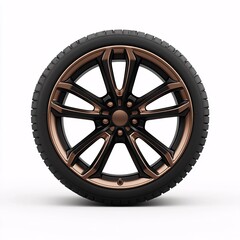 Fototapeta premium A sleek black and bronze alloy wheel on a white isolated background, showcasing modern design and craftsmanship, perfect for automotive enthusiasts.
