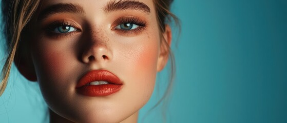 Fototapeta premium Close-up of a young woman with striking features and vibrant makeup against a blue background.
