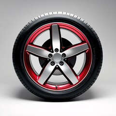 Obraz premium Stylish alloy wheel with a sleek design and red accents, isolated on a clean, grey background. Perfect for automotive enthusiasts.