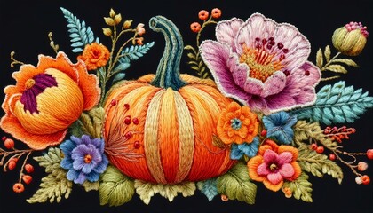 Embroidery flower with Pumpkin Halloween