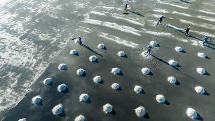 Harvesting salt in Hon Khoi salt field, Nha Trang. Photo taken in Nha Trang on August 20, 2023.