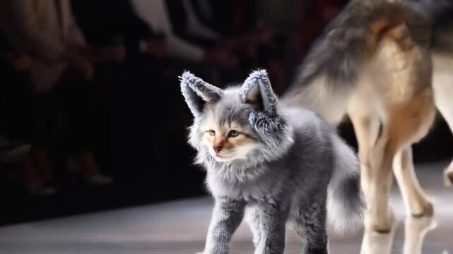 Photorealistic Scene of an Anthropomorphic Mankikon Stumpy Kitten in a Grey Wolf Costume Walking Down a Fashion Catwalk with a Majestic Wolf, Capturing the Contrast Between Innocence and Powe