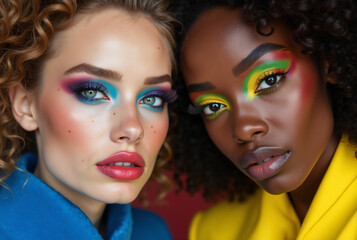 Vibrant Makeup Artistry: Diverse Models Showcase Bold Colors for Beauty Campaign or Fashion Editorial