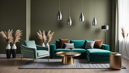 Modern luxury interiors designs. Empty painted wall.dark accent furniture and blank background.Bedroom interior trend 2024 year Modern luxury apricot room interior home designs