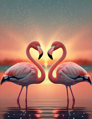 Naklejka premium Two elegant flamingos standing together during a stunning sunset at a tranquil water body