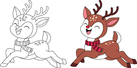 Deer prancing joyfully in the snow outline coloring page. Christmas and Winter Animal Illustration