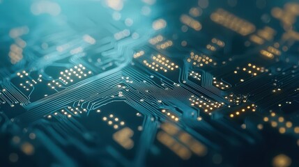 Close-up view of a digital circuit board, showcasing intricate patterns and glowing components against a blurred backdrop.