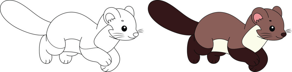 Pine marten outline coloring page. Christmas and Winter Animal Illustration