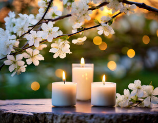 Softly glowing candles surrounded by blossoming flowers in a serene garden at dusk