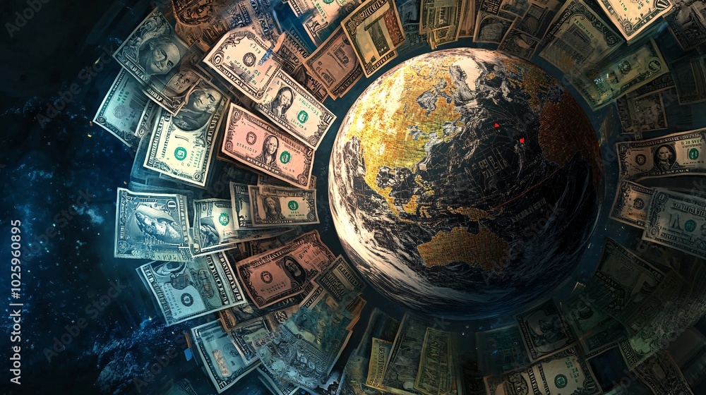Poster a conceptual image of a globe with various currencies orbiting around it