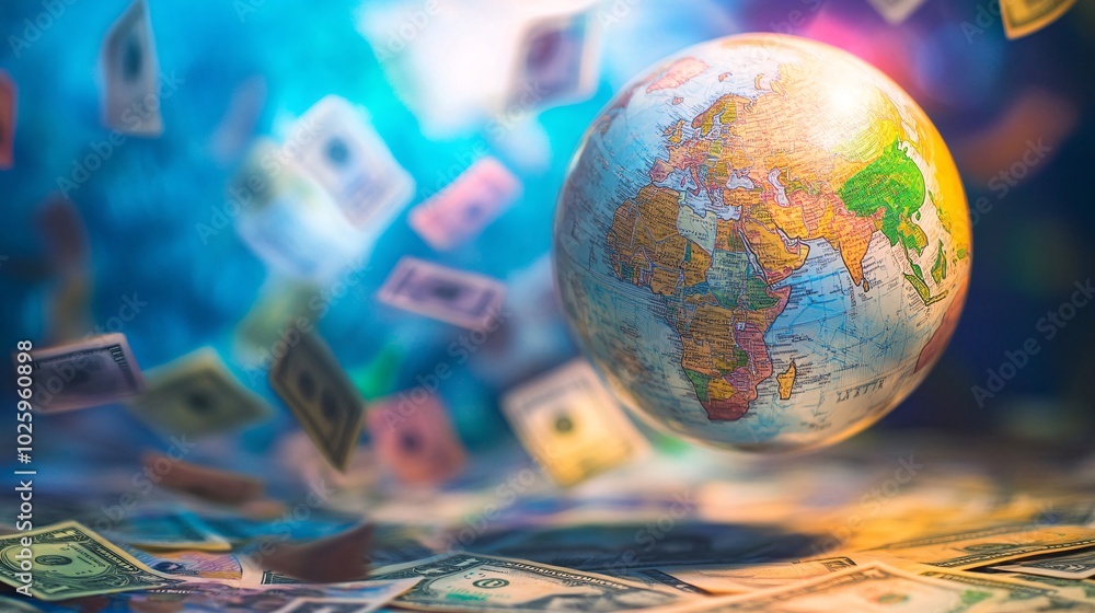 Poster a conceptual image of a globe with various currencies orbiting around it