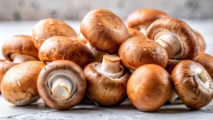 Fresh Raw Brown Champignon Mushrooms on White Background for Culinary Use
