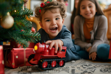 Girl Playing with Her Christmas Presents Happily Under the Tree During a Festive and Joyful Christmas Morning Celebration