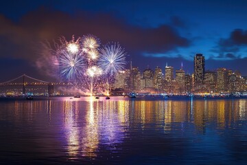 Vibrant Fireworks Over City Skyline at Night
