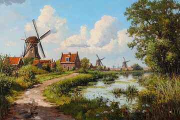 Fototapeta premium Scenic Dutch Landscape with Windmills and Waterway