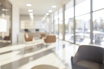 A modern, bright office space with large windows, minimalist furniture, and a welcoming atmosphere.