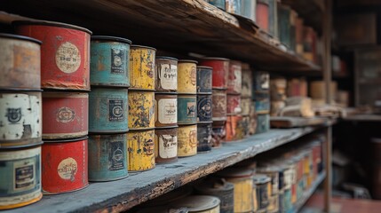 Vintage film canisters lined on dusty shelves