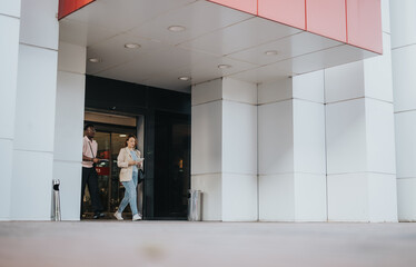 A diverse group of people leaving an office building after a business meeting. The image captures a...
