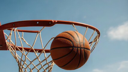The basketball ball falling into the ring net at the backboar