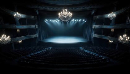 Obraz premium Elegant theater stage with chandelier and focused spotlight, ready for a performance, dark ambiance.